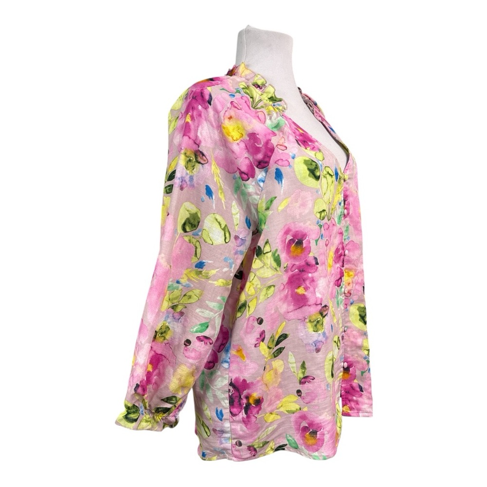 Hester & Orchard NEW XL Button Down Top Blouse Floral Pink V-Neck 3/4 Sleeves - Picture 2 of 6